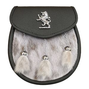 Seal Skin Semi Dress Sporran with Lion Rampant on Black Leather and 3 Chrome Tassels