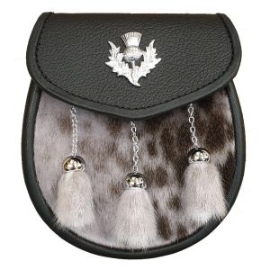 Seal Skin Semi Dress Sporran with Thistle on Black Leather and 3 Chrome Tassels