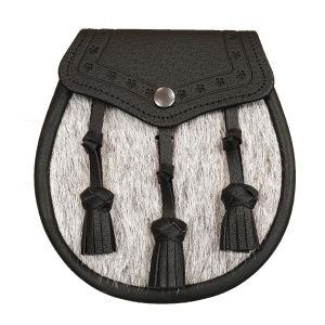 Pony Skin Semi Dress Sporran with Embossed Black Leather and 3 Leather Tassels