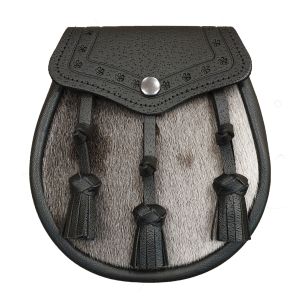 Seal Skin Semi Dress Sporran with Embossed Black Leather and 3 Leather Tassels