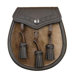 Seal Skin Semi Dress Sporran with Embossed Brown Leather and 3 Leather Tassels
