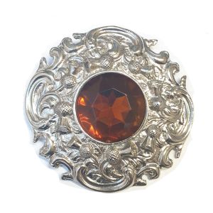 Plaid Brooch with Celtic Thistle Design and Citrine Coloured Stone in Pewter