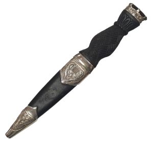 Cross Hatch Handle and Zoomorphic Sterling Silver Sgian Dubh with Smoky Quartz Stone - Reduced to Clear