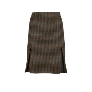 Fitted Skirt with Two Kick Pleats in Lightweight Green Check Tweed