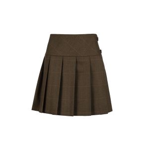 Hipster Pleated Skirt with Buckles in Brown Tweed - Mini Length
