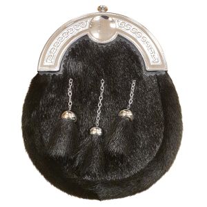 Sealskin Dress Sporran in Black with Celtic Shield Cantle in Chrome Finish