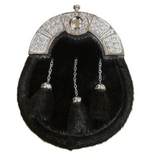 Sealskin Dress Sporran in Black with Shield Design in Chrome Finish - Reduced to Clear