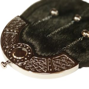 Sealskin Dress Sporran in Black with Shield Design in Chrome Finish - Reduced to Clear