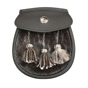 Seal Skin Semi Dress Sporran with Celtic Design Black Leather Flap and 3 tassels