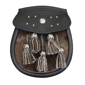 Seal Skin Semi Dress Sporran with Tooled Black Leather Flap and 5 Chrome Tassels