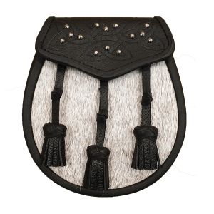 Pony Skin Semi Dress Sporran with Celtic Black Leather Flap and 3 Knotted Tassels