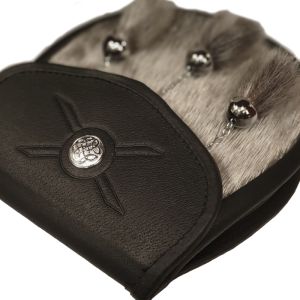 Seal Skin Semi Dress Sporran in Black Leather with St Andrews Cross