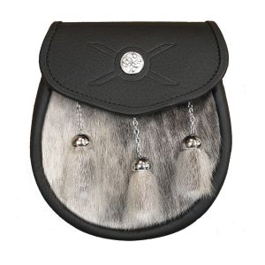 Seal Skin Semi Dress Sporran in Black Leather with St Andrews Cross