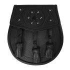 Leather Day Sporran - Tooled and Studded Celtic design with 3 Knotted Tassels in Black