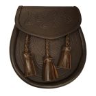 Leather Day Sporran with Embossed Celtic Pattern and 3 Twisted Tassels in Brown