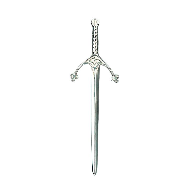 Hallmarked Sterling Silver Broad Sword Kilt Pin, curved cross guard