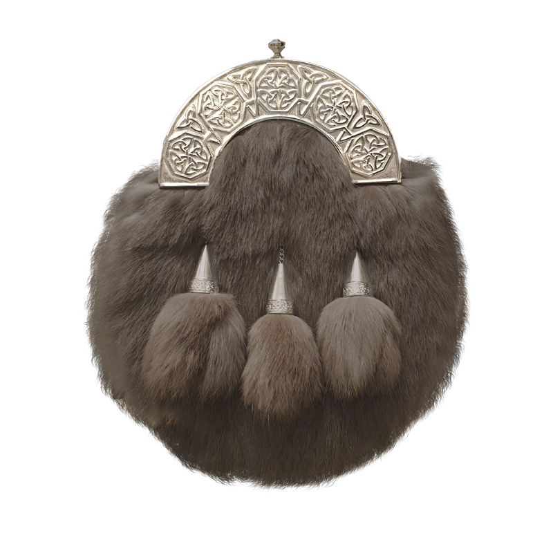 Rabbit Fur Dress Sporran with Intricate Celtic Design Cantle in Antique Polished Finish