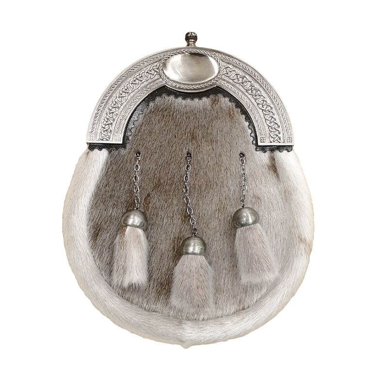 Sealskin Dress Sporran with Celtic Cantle and 3 tassels in Antique Finish