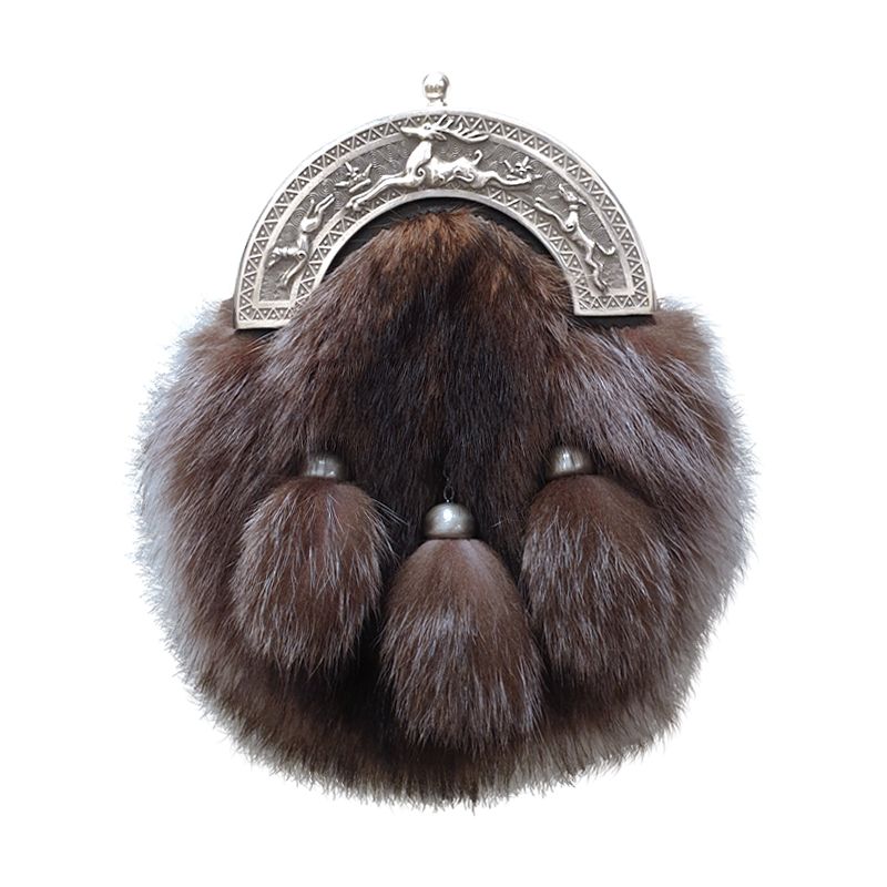 Racoon Fur Dress Sporran with Stag and Hound Cantle in Antique Finish