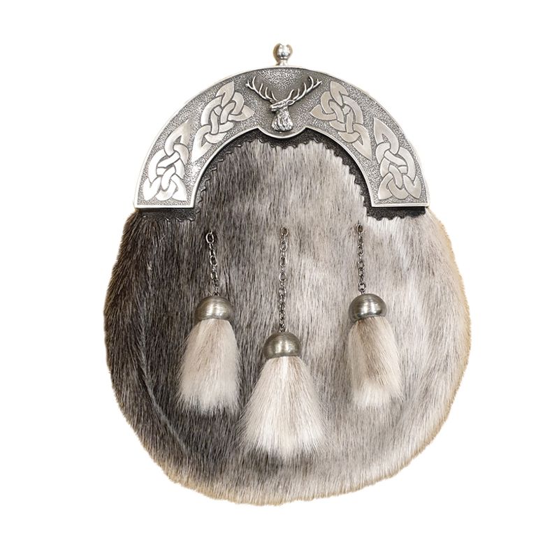 Sealskin Dress Sporran with Celtic Knot and Stags Head Cantle in Antique Finish