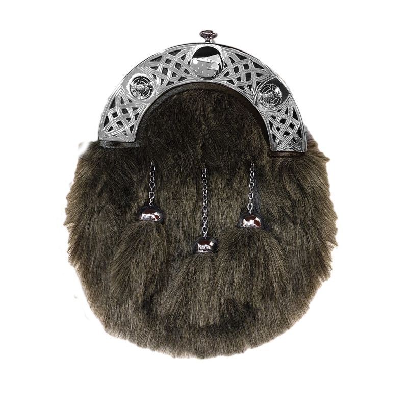 Faux Fur Dress Sporran with Open Work Celtic Knot Cantle in Grey 