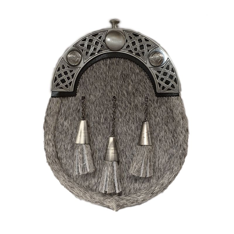 Pony Skin Dress Sporran - with Open Work Celtic Design Cantle in Antique Finish