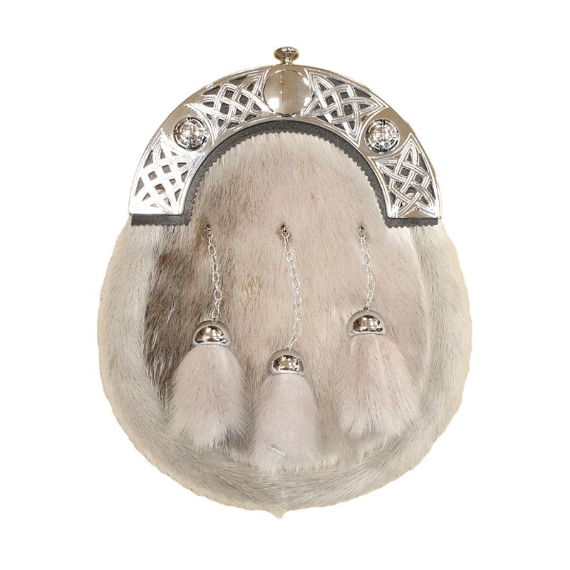 Sealskin Dress Sporran with Celtic Knot Open Work Cantle in Chrome Finish