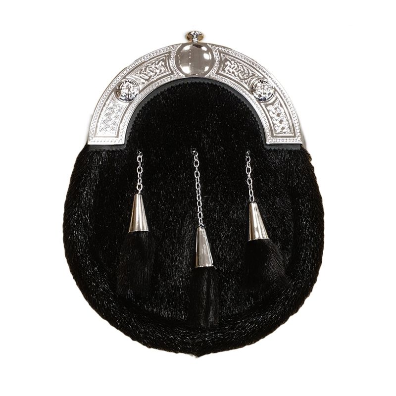 Sealskin Dress Sporran in Black with Celtic Dress Cantle in Chrome