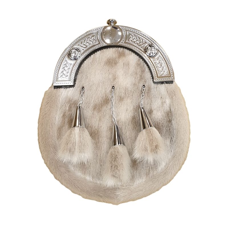 Sealskin Dress Sporran with Celtic Design Cantle and 3 Cone Tassels in Chrome Finish