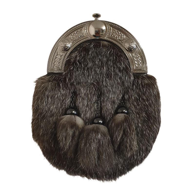 Chinchilla Dress Sporran with Celtic cantle and 3 tassels in Smokey Chrome Finish