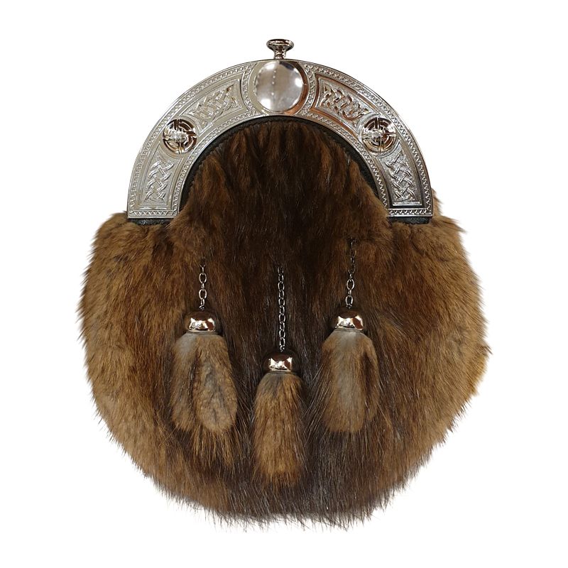 Musquash Dress Sporran with Celtic Cantle and 3 tassels in Chrome Finish