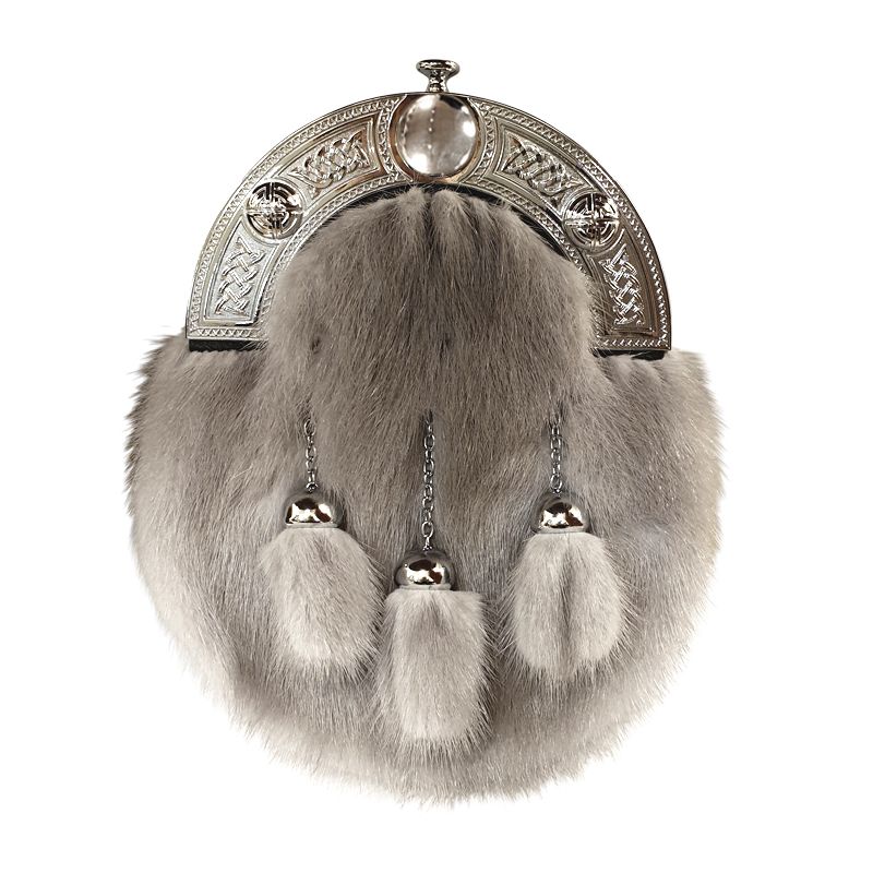 Sapphire Mink Dress Sporran with Celtic Cantle and 3 tassels in Chrome Finish