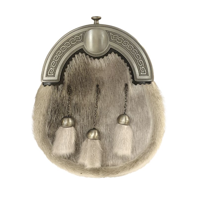 Sealskin Dress Sporran with Celtic design cantle and 3 capped tassels in Antique Finish - Reduced to Clear