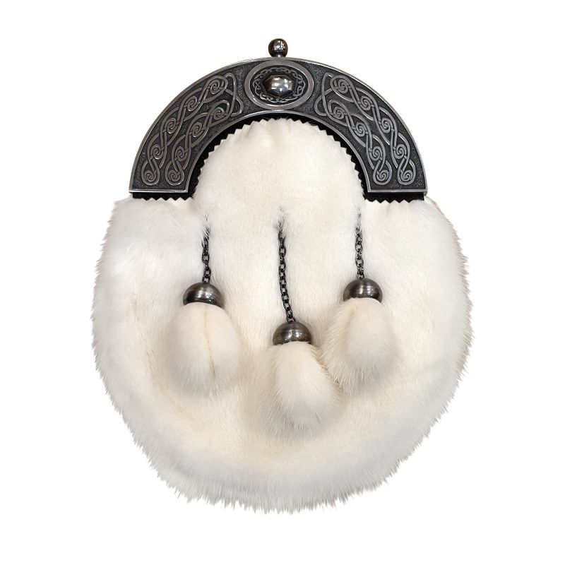 White Mink Dress Sporran with Celtic Oval Design Cantle and 3 tassels in Antique Finish