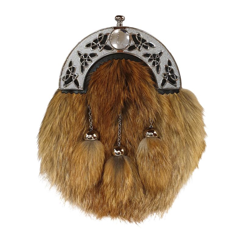 Red Fox Dress Sporran with Celtic cantle and 3 matching tassels in Chrome Finish