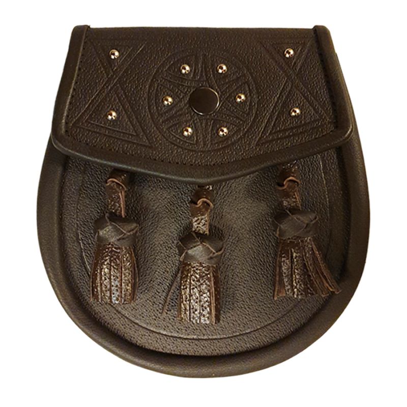 Leather Day Sporran - Tooled and Studded Celtic design with 3 Knotted Tassels in Brown