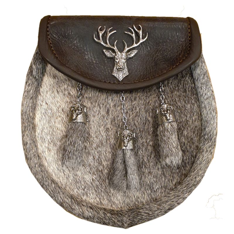 Pony Semi Dress Sporran with Stag on Brown Leather with 3 Celtic Chain Tassels