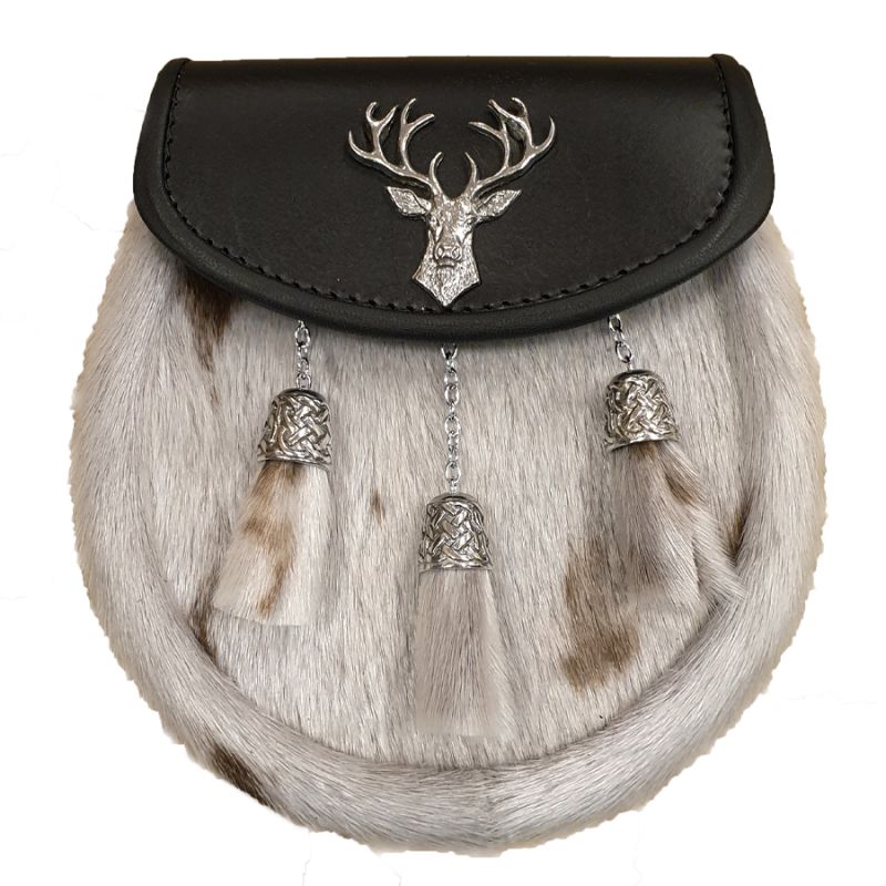 Sealskin Semi Dress Sporran with Stag on Black Leather with 3 Celtic Chain Tassels