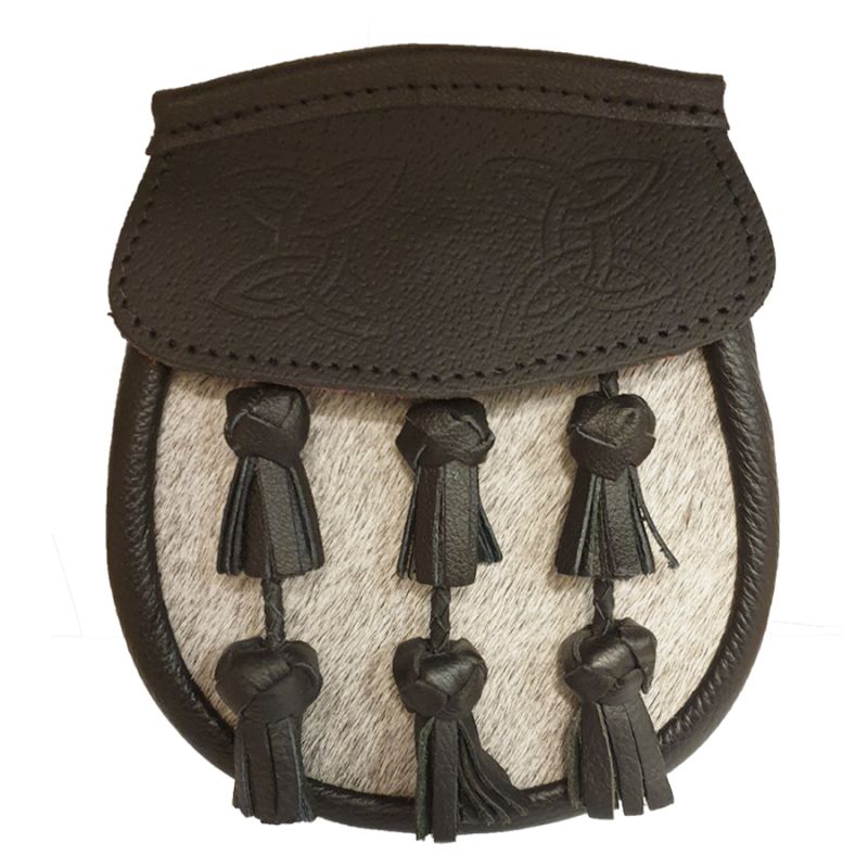 Pony Skin Semi Dress Sporran with Black Leather Flap and Plaited Tassels