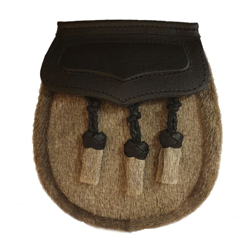 Pony Skin Semi Dress Sporran with Black Leather Flap and 3 Knotted Tassels