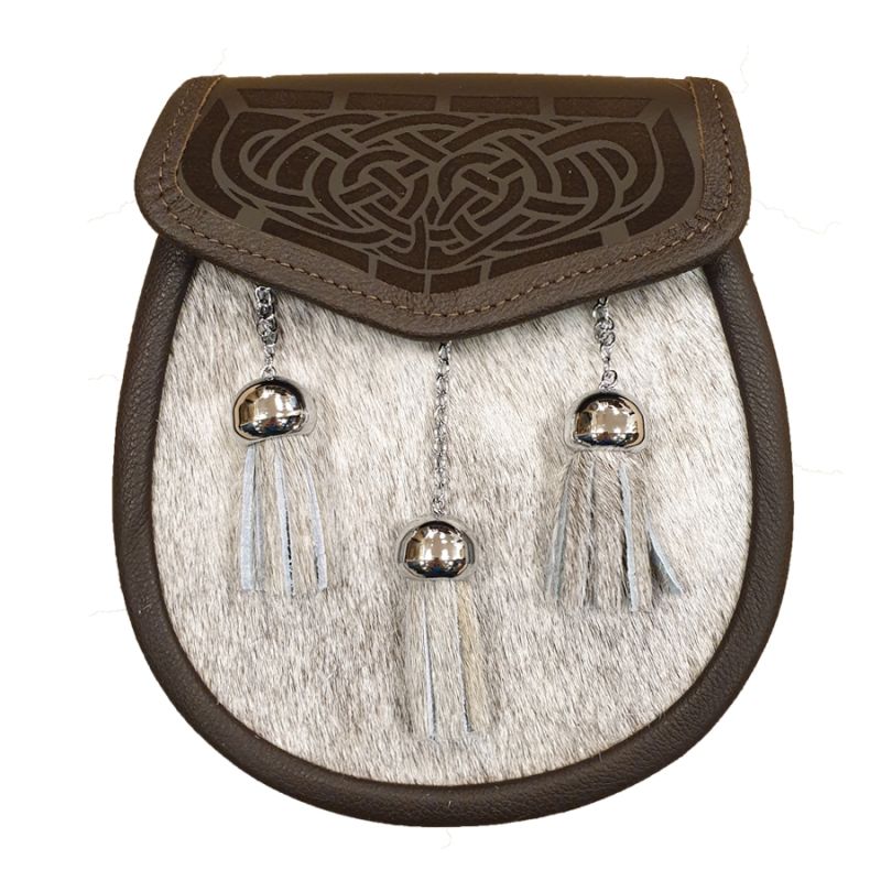 Pony Skin Semi Dress Sporran with Laser Etched Brown Leather Flap and Chrome Tassels