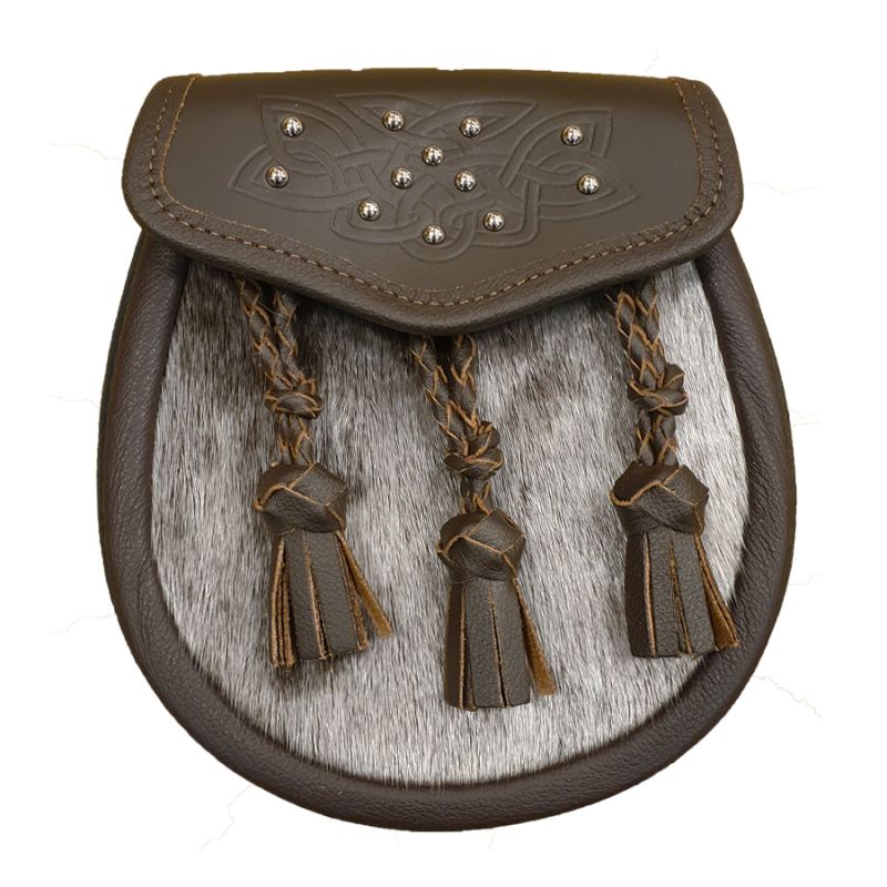 Seal Skin Semi Dress Sporran with Celtic Brown Leather Flap and 3 Plaited Tassels
