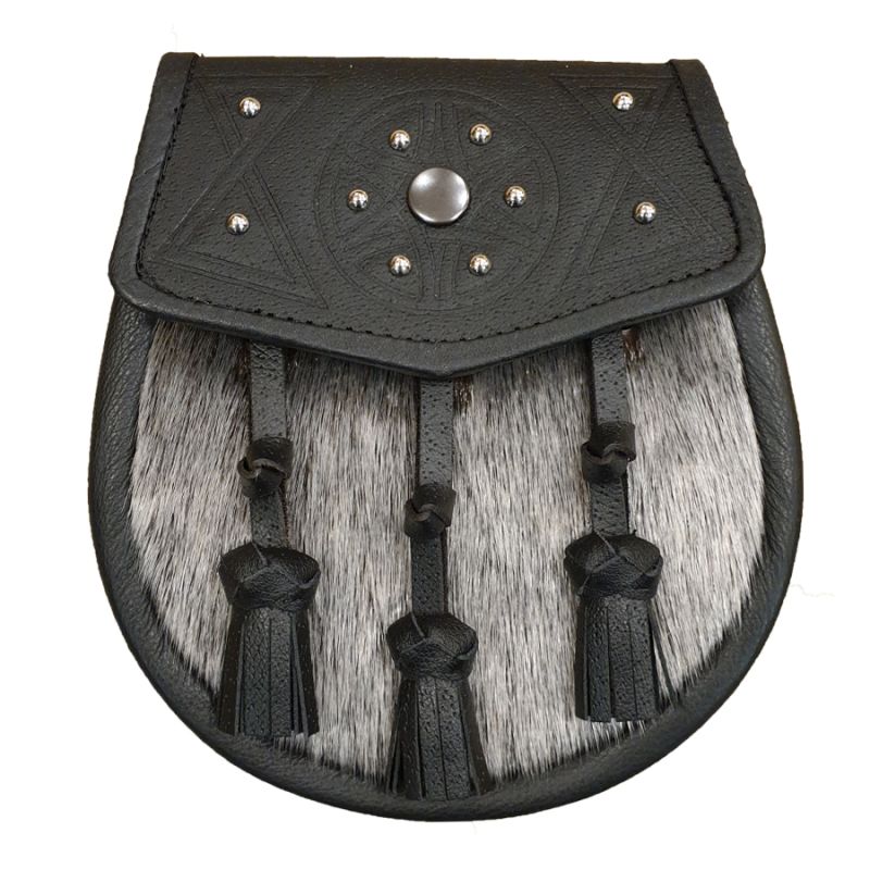 Sealskin Semi Dress Sporran with Studded Black Leather Flap and Tassels