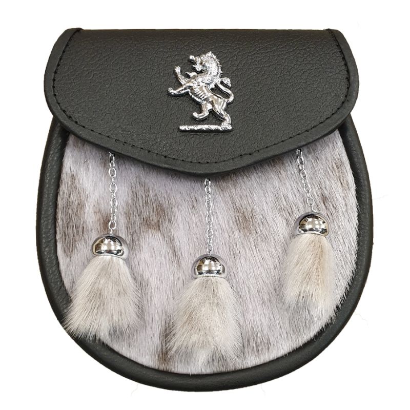 Seal Skin Semi Dress Sporran with Lion Rampant on Black Leather and 3 Chrome Tassels