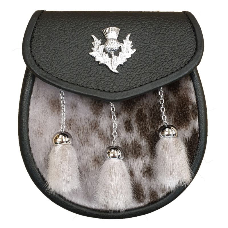 Seal Skin Semi Dress Sporran with Thistle on Black Leather and 3 Chrome Tassels