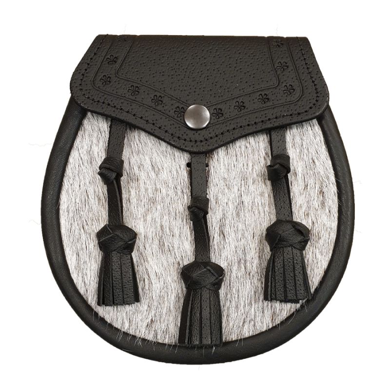 Pony Skin Semi Dress Sporran with Embossed Black Leather and 3 Leather Tassels