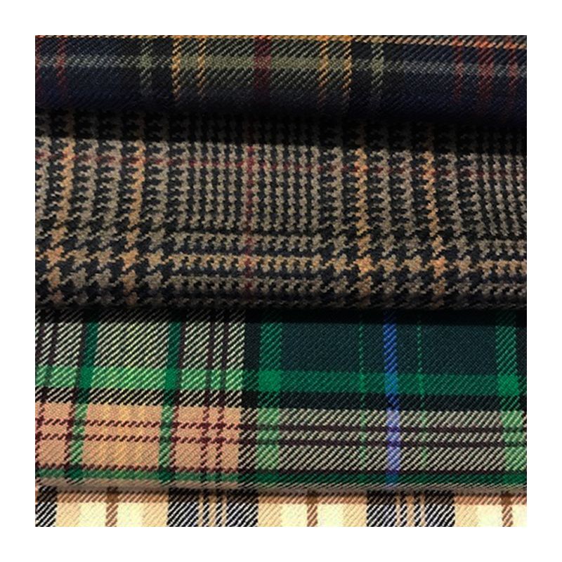 Swatches of tartan cloth in wool silk and polyviscose