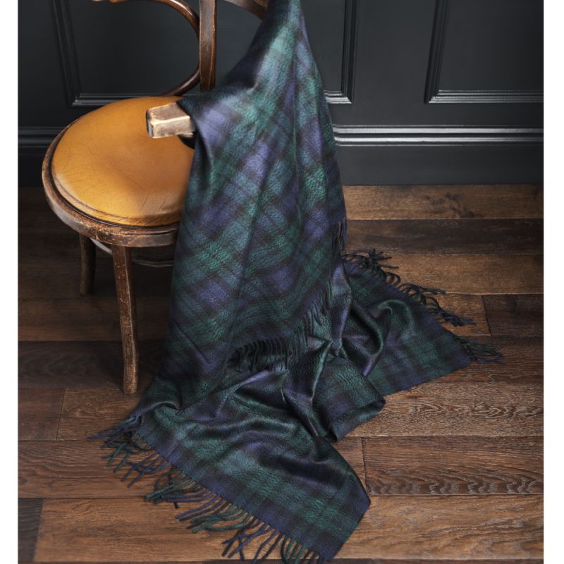 Lustre Finish Cashmere Blanket in Black Watch Tartan