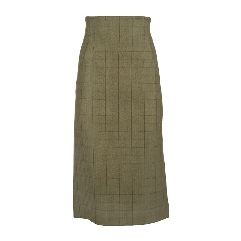 Straight Skirt with Pleated Kick Plait in Green Tweed