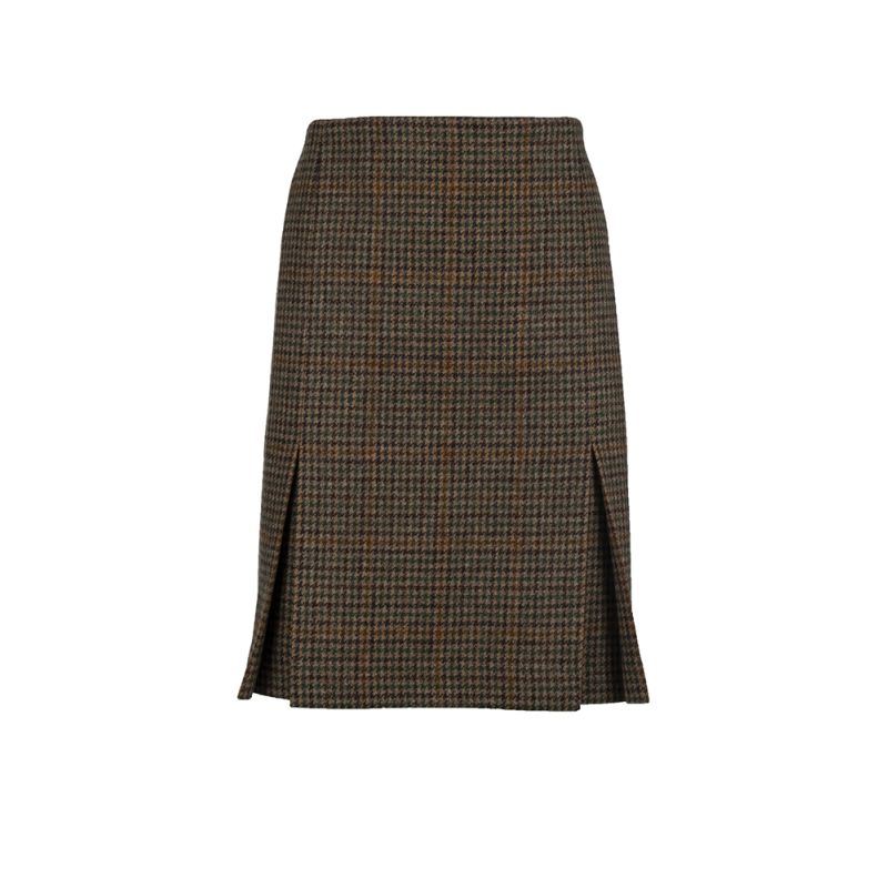 Fitted Skirt with Two Kick Pleats in Lightweight Green Check Tweed